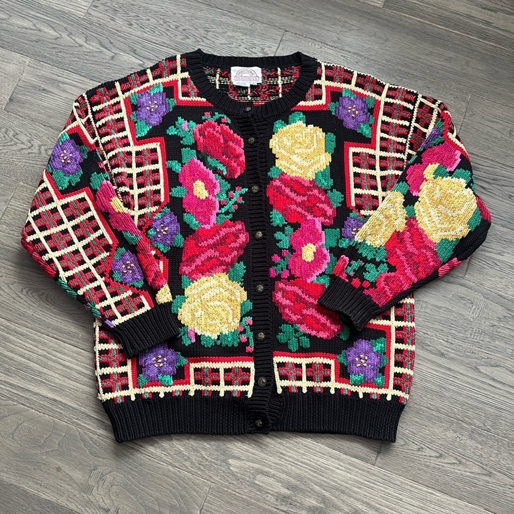 Traditional Trading Co |Vintage Floral Hand Knit Cardigan with Bold Colors SizeM